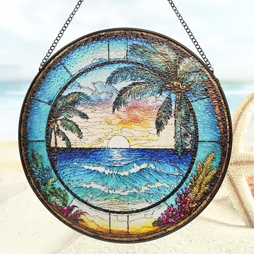 ZUSANG Ocean Sunrise Suncatcher Hanging Stained Glass Window Decor, 9.8'' Sea Wave View Wall Art Panel, Seascape Glass Hanging for Indoor Outdoor Home Decor