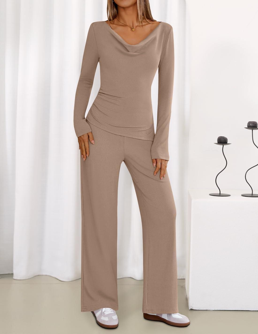 ZESICA Womens 2026 Spring Summer Asymmetrical Lounge Sets Long Sleeve V Neck Top Wide Leg Pants 2 Piece Matching Set Outfit - Image 3