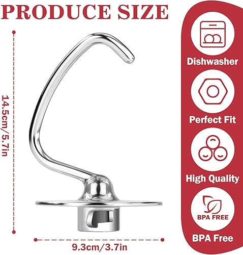 Miniatura 9 de K45DH - Gancho para masa KitchenAid de 4.55 cuartos de galón con cabezal inclinable, gancho de masa de pizza para pan, reemplazo para batidoras de