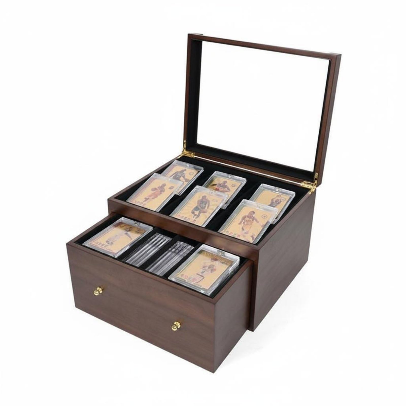 Vitrina para Cartas Coleccionables Caja Expositor Estuche Organizador de Madera con Interior Acolchado Antirrayas Adecuada para Escritorio Estantería, Marrón