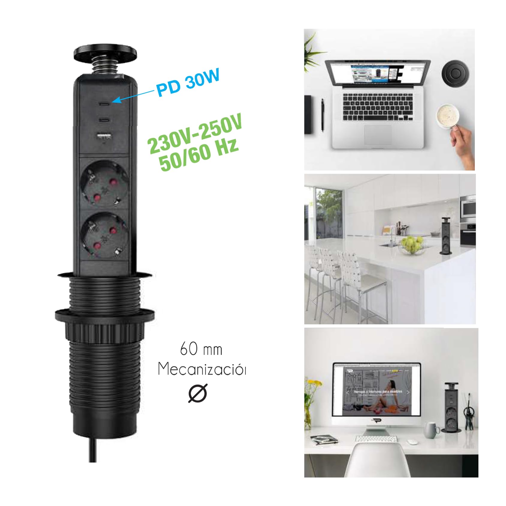 Torre de Enchufes Empotrable 35 cm | 2 Enchufes Tipo C + USB | Negro | Cable 1,8 m | Regleta Empotrable para Mesa, Cocina y Escritorio