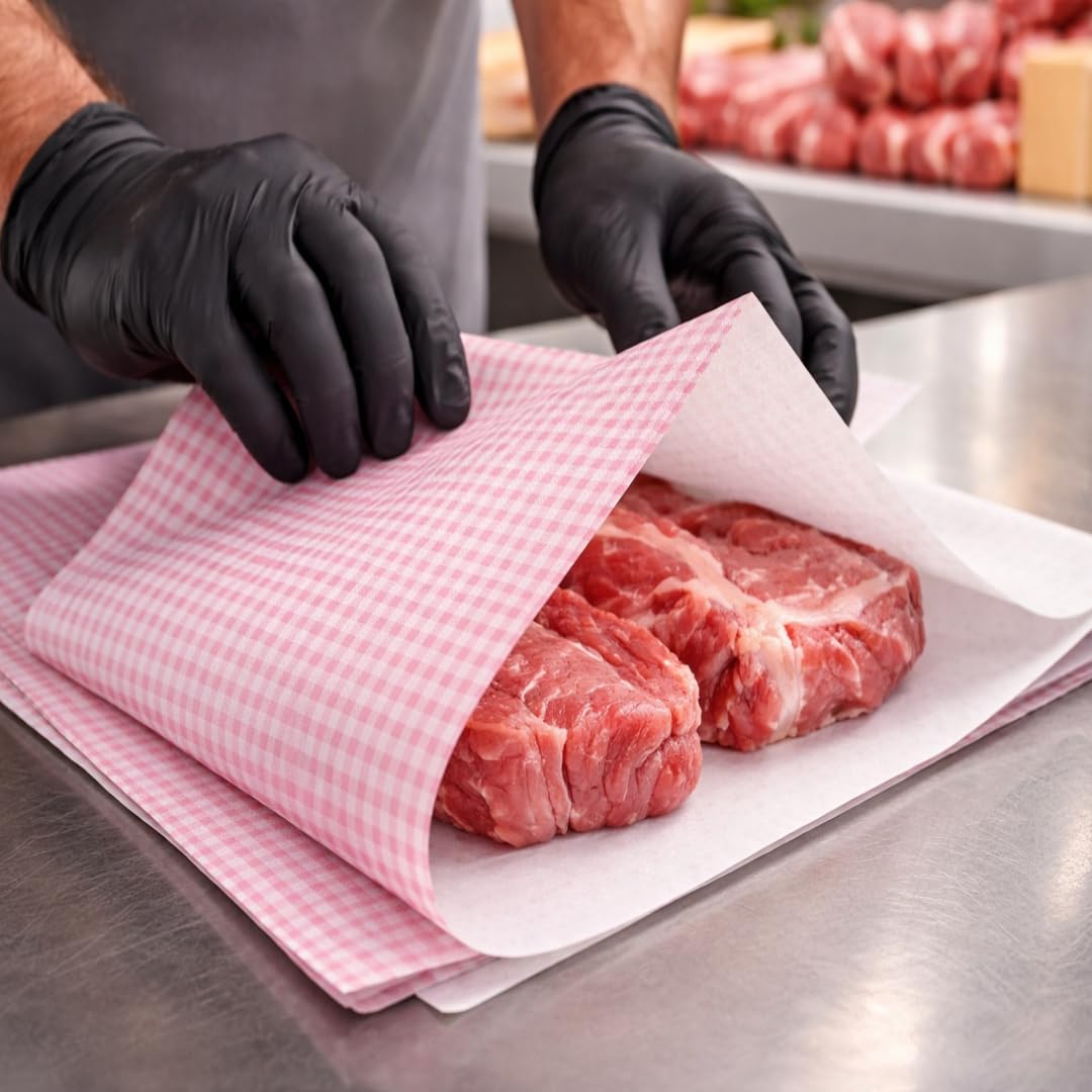 Papier Alimentaire Duplex Satiné Fond Rose – 40x50 cm – 10 kg – Papier d’Emballage Alimentaire Professionnel pour Boucherie, Fromagerie, Poissonnerie, Charcuterie, Traiteur et Cuisine Professionnelle