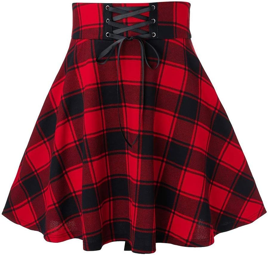 Tartan Skirt for Women Checked Pleated Mini Skirt Plaid Short High Waist Skater Gingham Skirts Tennis School Skirts with Drawstring