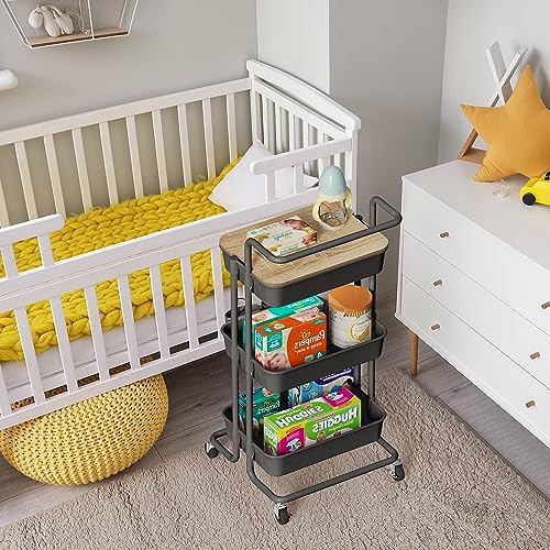 Image of DTK 3 Tier Rolling Cart Uility Cart with Cover Board, Mobile Storage Cart with Wheels, Cups, Hooks for Office Utility Kitchen Bathroom Homeschool Art Craft Postpartum Teacher Cart Organizer(Black)