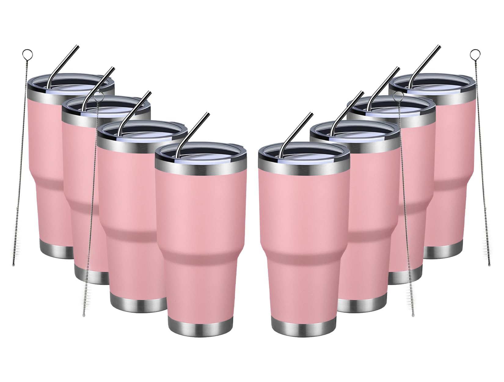 MEWAY 30oz Insulated Tumbler With Lids and Straws,Stainless Steel Double Vacuum Coffee Tumbler Cup, Brush, Durable Powder Coated Coffee Cup for Cold & Hot Drinks, Office, Travel(Pink,8 PACK)