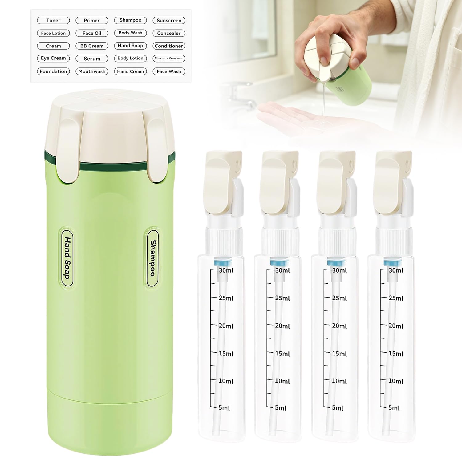 Dispenser da viaggio 4 in 1, Set di flaconi dispenser da viaggio 4 in 1, D-ispenser da viaggio ricaricabile, Contenitori Portatili Ricaricabili a Prova di Perdite, Kit Viaggio Aereo Bagaglio a Mano