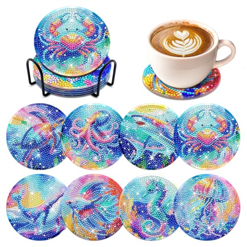 Image of ZTOTZ 8 Pcs Ocean Diamond Painting Coasters Kits with Holder,Sea Creature Diamond Art Painting Coaster Kit, Non Slip Coaster Art Supplies for Adults Beginner, Ideal Christmas Gift (Sharks,Jellyfish)