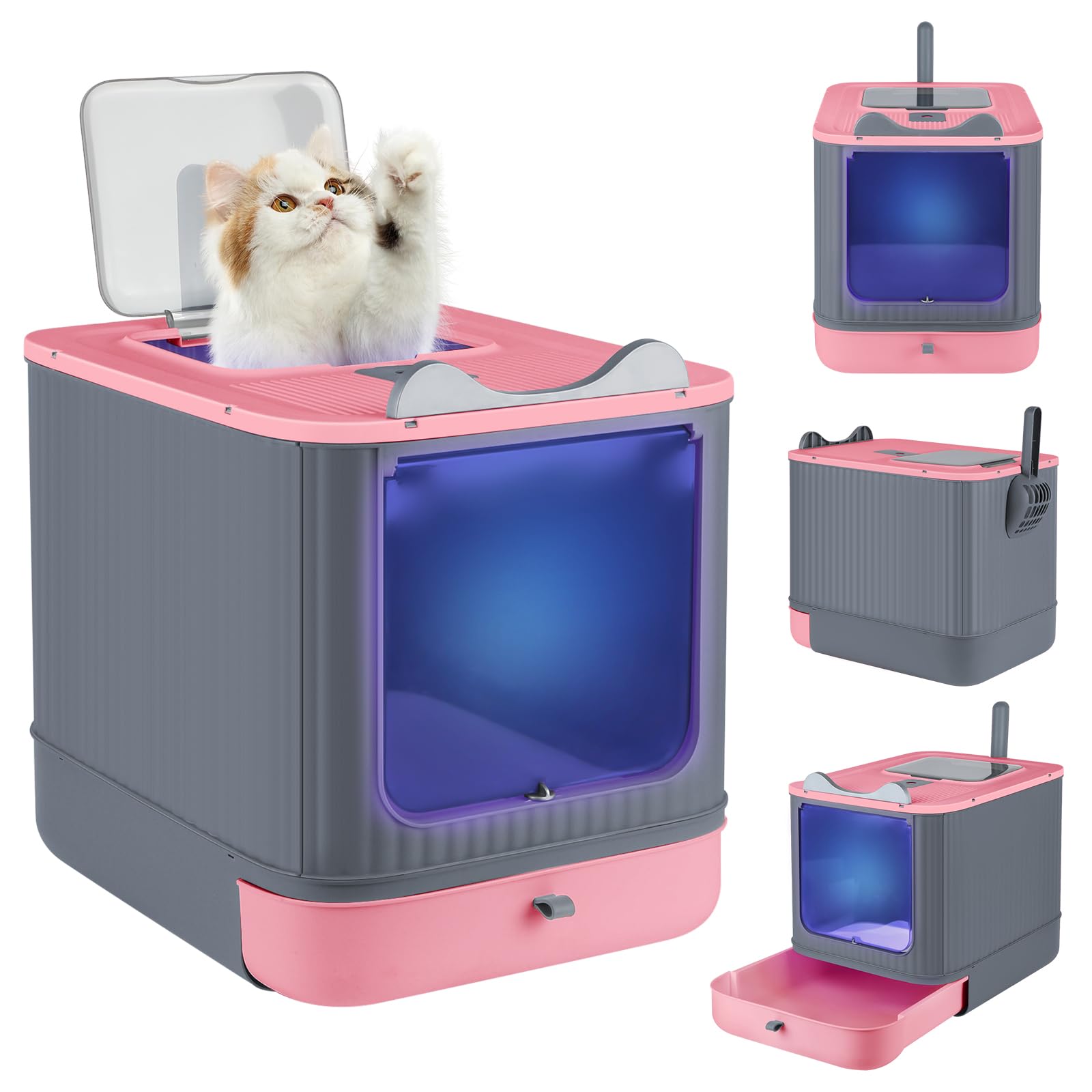 Bac à litière pour chat avec pelle, bac auto-nettoyant, désinfection UV, bac anti-fuite, fond anti-fuite (rose + gris)