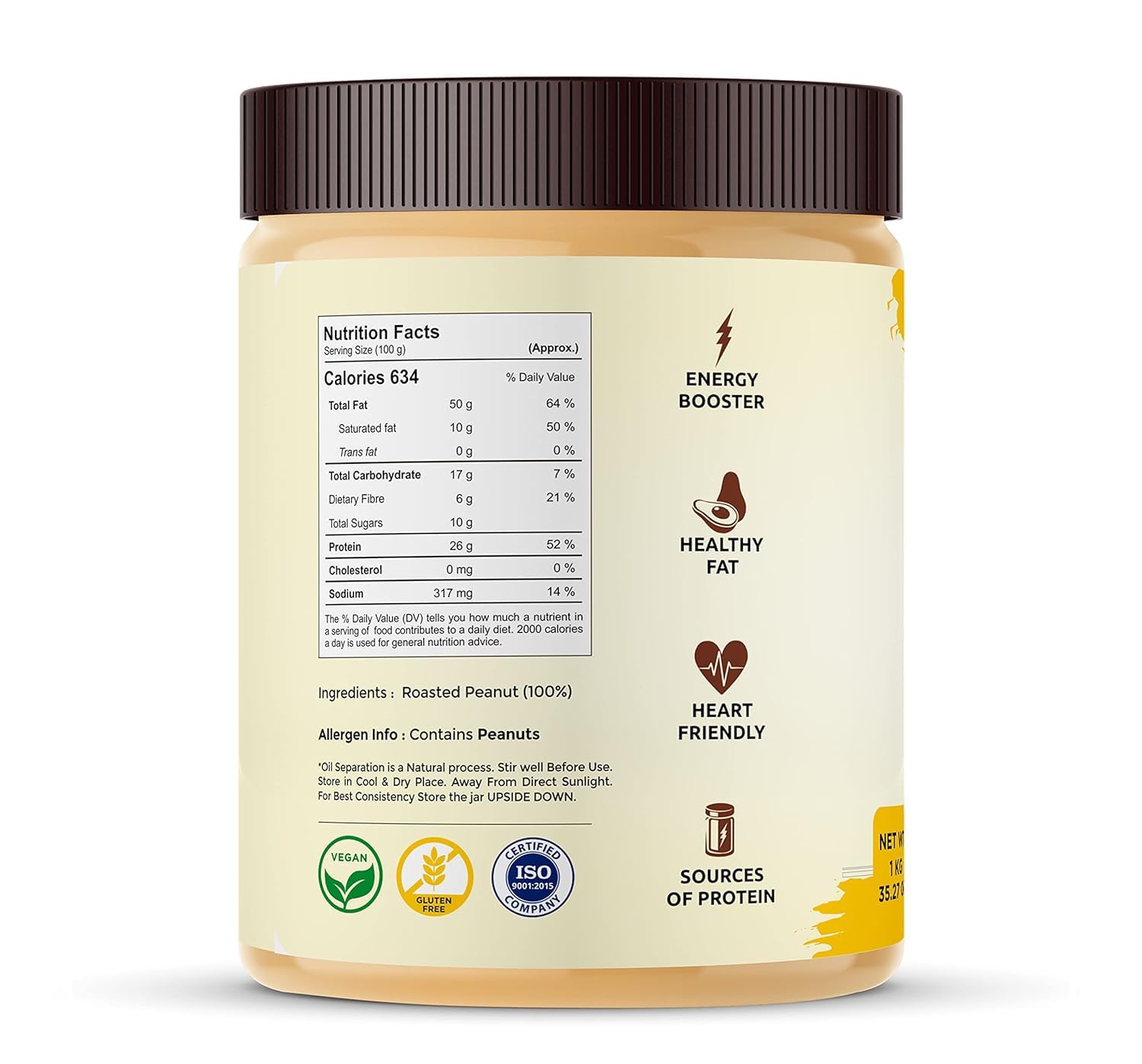 YUTRA Classic Peanut Butter Crunchy 1kg | Unsweetened | 30g Protein | Vegan Peanut Butter, Pure Roasted Peanuts | Non GMO | High in Protein Spread, Gluten & Cholesterol Free, Nut Butter (Pack of 1) 1