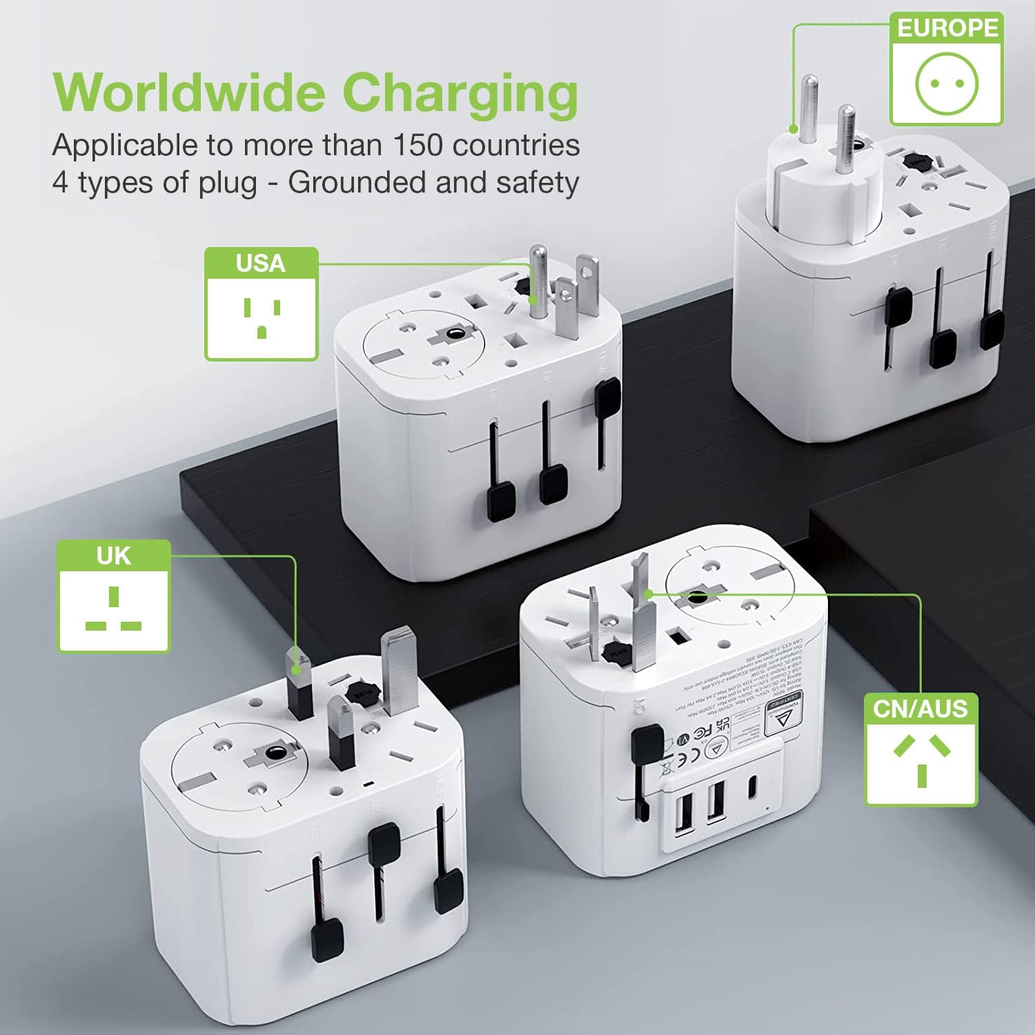 Techly 367782 Adattatore da Viaggio Universale 150 Paesi 2 Porte USB-A e 1 Porta USB-C™ Bianco Bianco