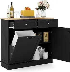 LOKO Kitchen Tilt Out Trash Cabinet, Pet Proof Trash Can Cabinet with 2 Drawers & Adjustable Shelf & Rubber Wood Tabletop, 39.5 x 14 x 35.5 inches (Black)