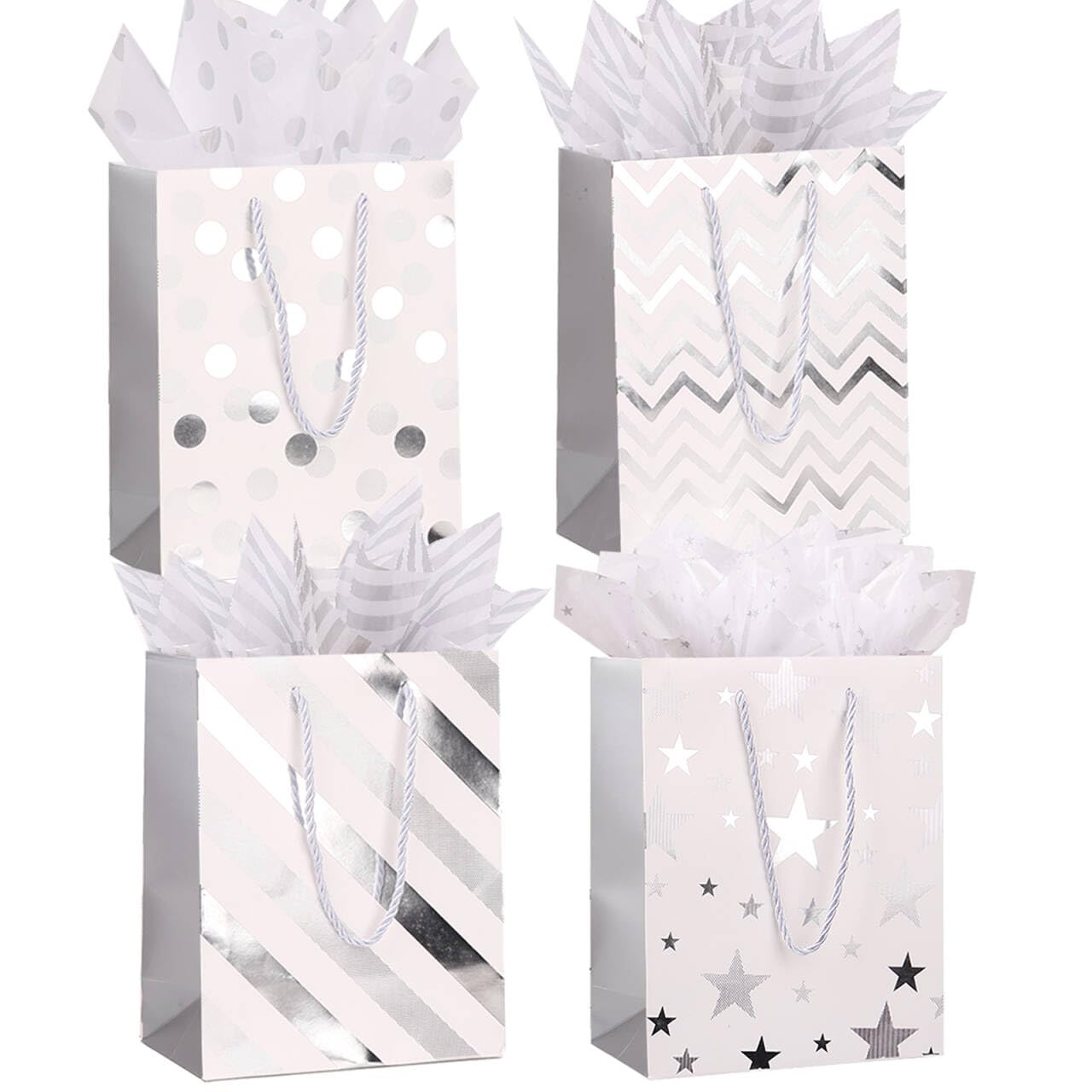 Gift Bags Large Size with Tissue Paper,8pcs 13" White Gold Wrap Paper Gift Bags with Handles for Shopping Party Wedding Baby Shower Holiday Presents (Sliver)