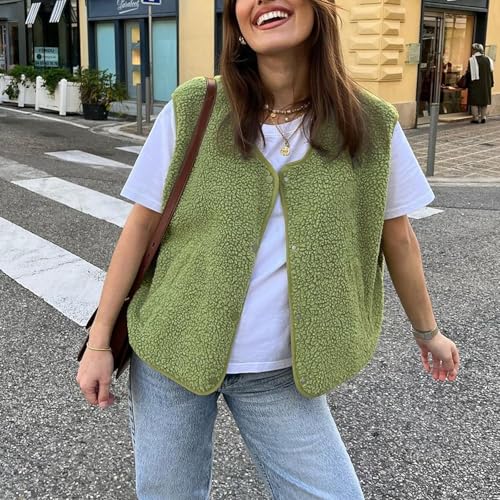 Women Fuzzy Fleece Sleeveless Vest Fall Winter Snap Button Up Warm Outerwear V Neck Trendy Casual Solid Cardigan3
