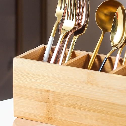 Miniatura 4 de Organizador de cubiertos para encimera, cuchara y tenedor, para fiestas, madera de bambú, organizador de cubiertos para cocina (10 x 3.5 x 3.8