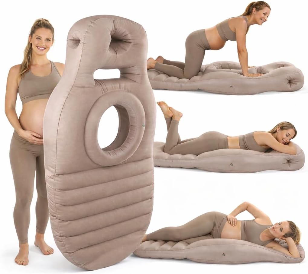 Pregnancy Inflatable Pillow with a Hole, Prone Support Maternity Air Mattress with Pump, Supportive PVC Material, for Pool Floating, Yoga, Massage,Sunbathing Prenatal Relaxation (Khaki)