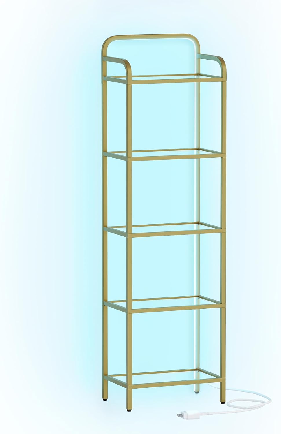 Hzuaneri Bookshelf, Tall Narrow Bookcase with LED Lights, Tempered Glass Bookshelves with Steel Frame, Display Shelf, Slim Shelving Unit for Living Room, Bedroom, 9.6"D x 15.4"W x 55.9"H Gold BC34599G