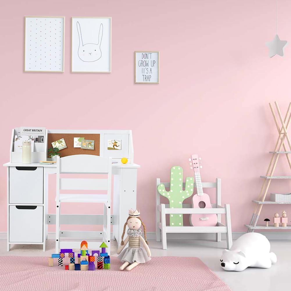 Ensemble Bureau Enfant + Chaise en Bois – Table d’étude avec étagère, placards de Rangement et Tableau d’Affichage – pour écriture & devoirs, 3-8 Ans – Blanc