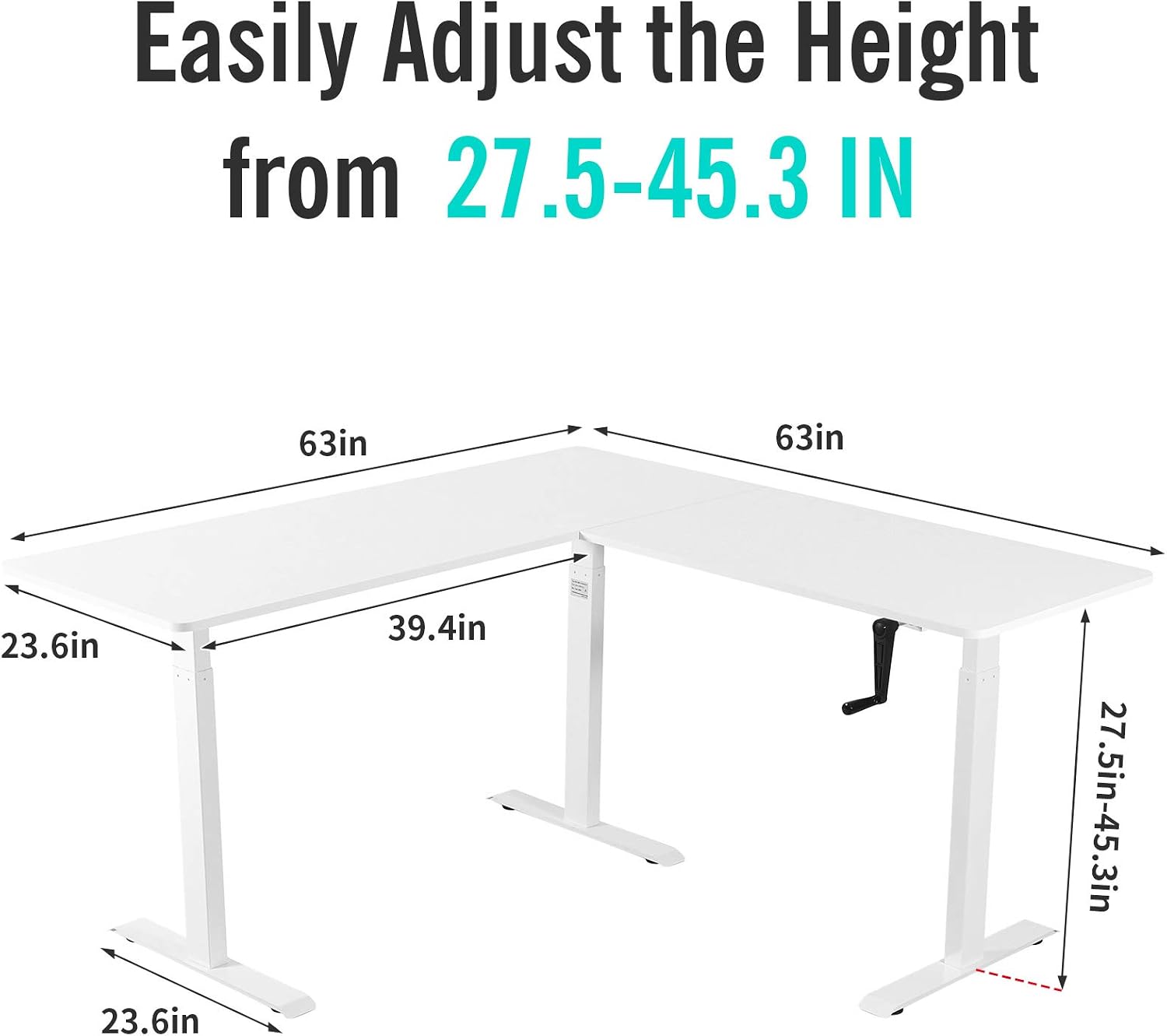 UNICOO – L Shaped Crank Height Adjustable Standing Desk, Sit to Stand up Corner Desk, L-Shaped Standing Workstation (White Frame/White Top - L Shape Crank)