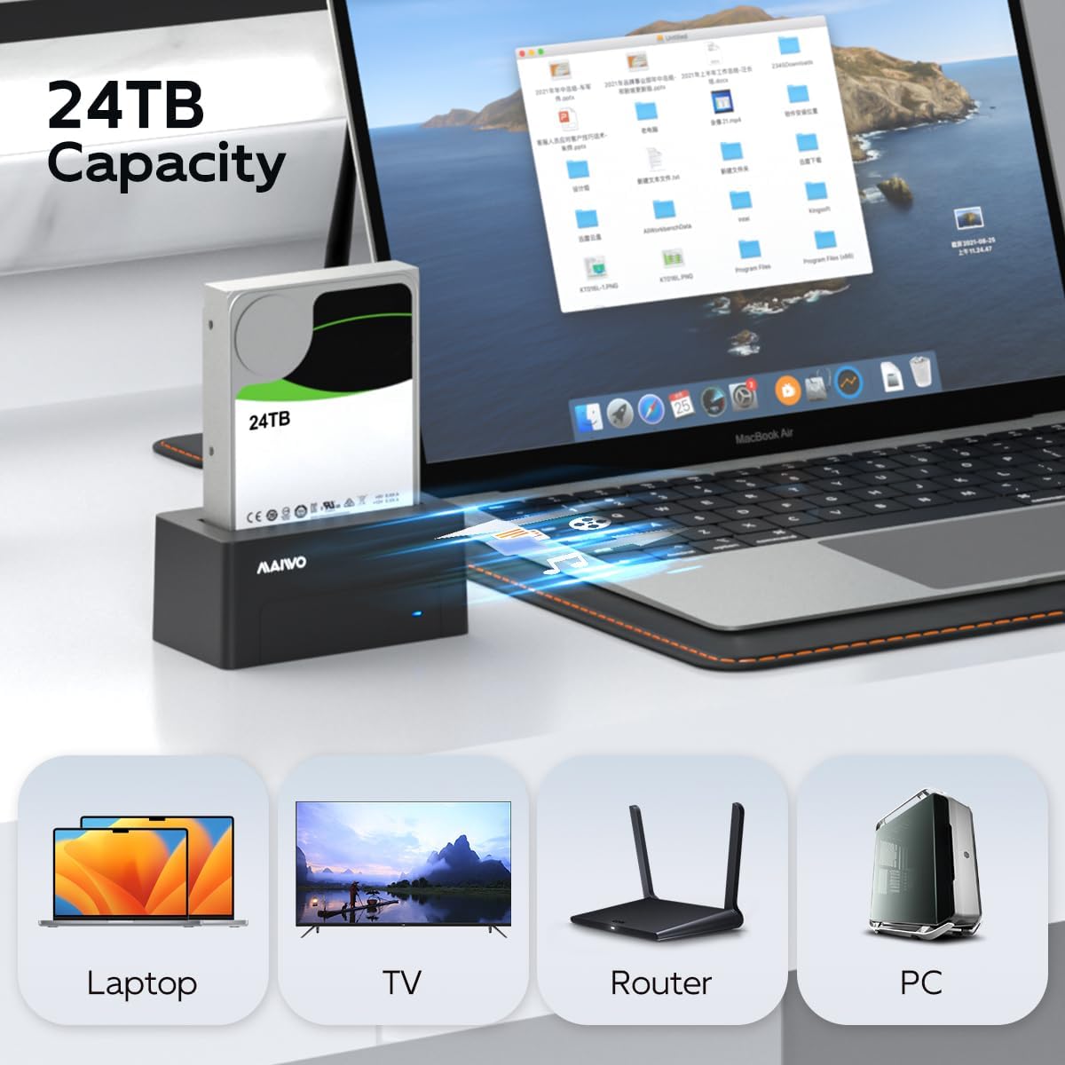 MAIWO SAS to USB 3.0 Adapter, SAS SATA Hard Drive Enclosure Reader for 2.5 3.5 Inch HDD SSD, 24TB Capacity, External Hard Drive Docking Station with 12V/2A Power, Tool Free