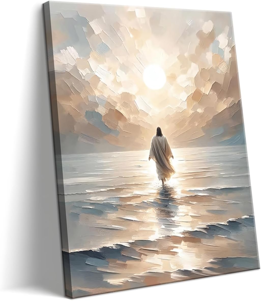 Jesus Walking on Water Canvas Wall Art, Christian Bible Stories Wall Decor Paintings, Jesus Walks on Water on Water Back Posters Prints Pictures for Church Living Room Bedroom 12x16 Inch Framed