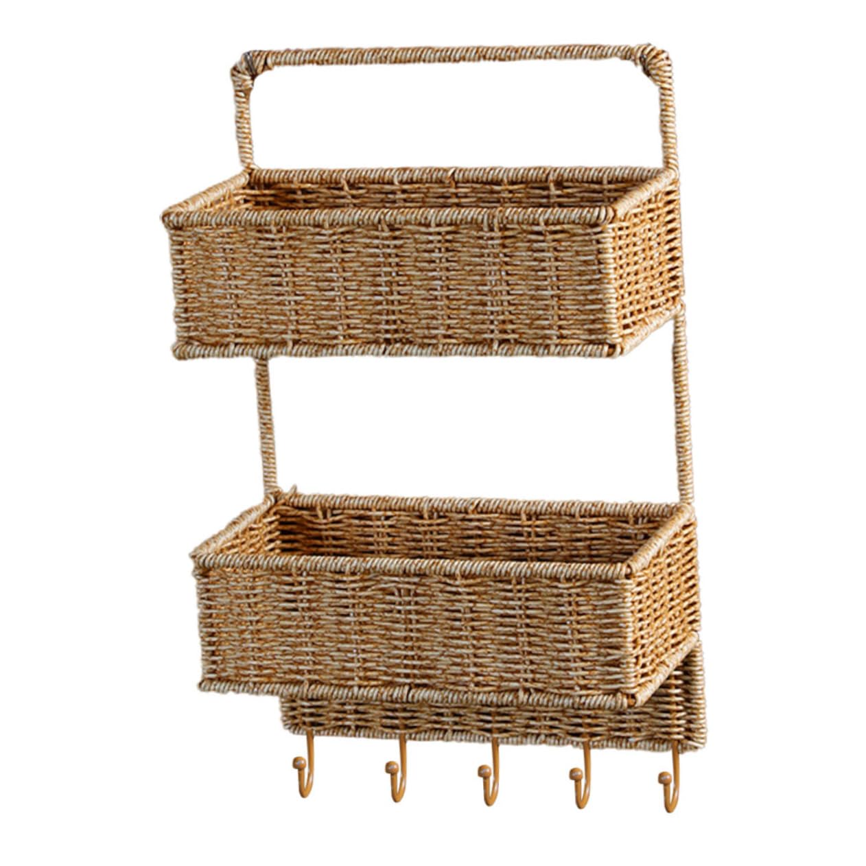 Housoutil Woven Basket Organizer Kitchen Hanging Fruit Baskets 2-Tier Wall Mount No Drilling Space-Saving Storage Solution