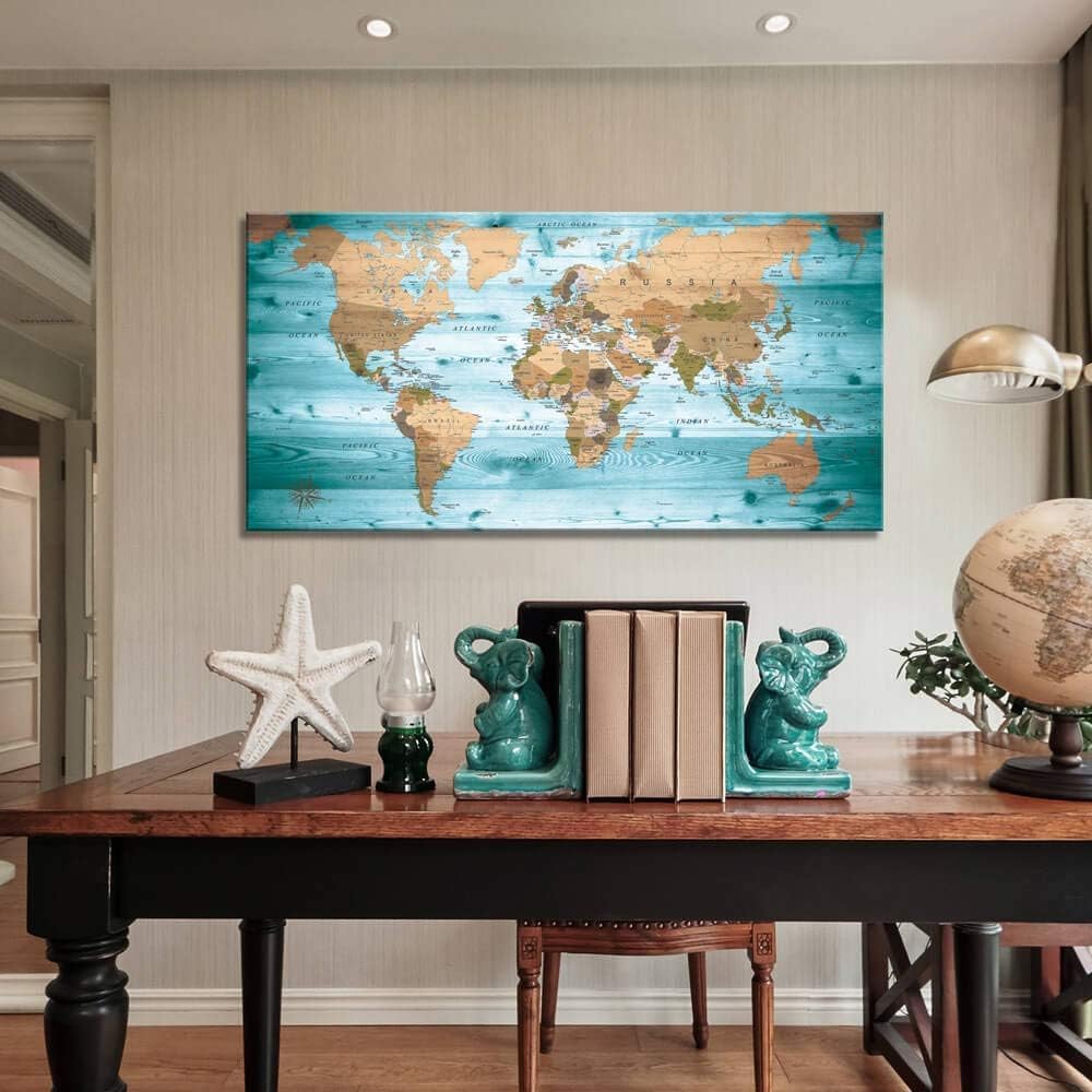 Amazon.com: Large Wall Art Blue map of The World Painting Ready to