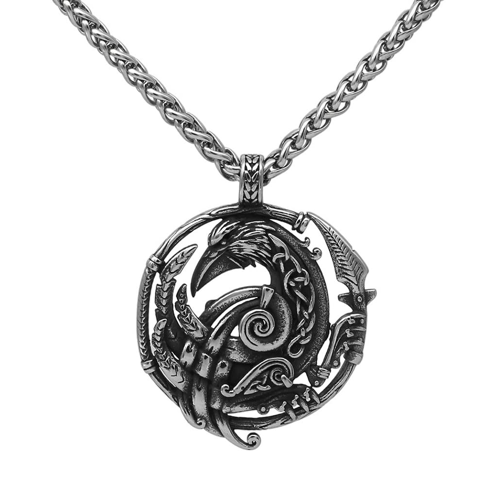 DFWY Norse Mythology Viking Raven Necklace For Men - Stainless Steel Celtic Knot Crow Arrow Pendant Amulet - Vintage Odin Crow Hollow Out Animal Jewelry Gift