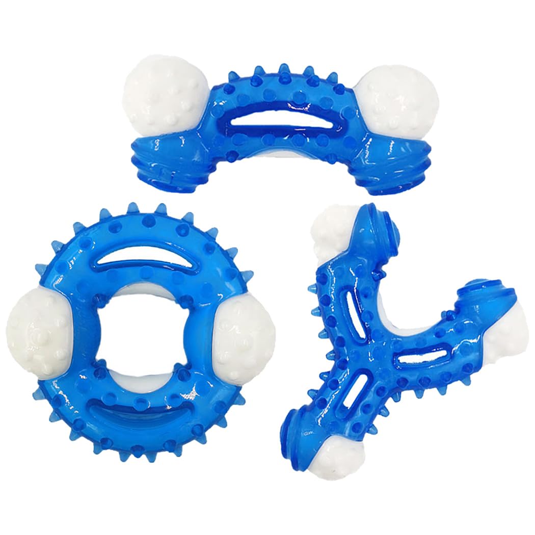 PawsAion Dog Teething Chew Toys for Small and Medium Dogs, 3 Pack Aggressive Puppy Chew Toys, Durable Rubber Teethers for Teeth Cleaning, Blue