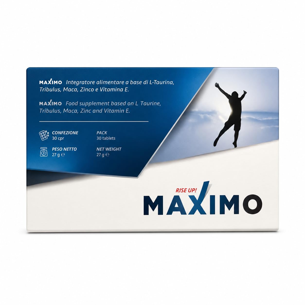 MAXIMO RiseUp Integratore Energia e Vitalità | Maca, Taurina, Zinco e Vitamina E | Supporto al Metabolismo Energetico | 30 Compresse Senza Glutine e Lattosio