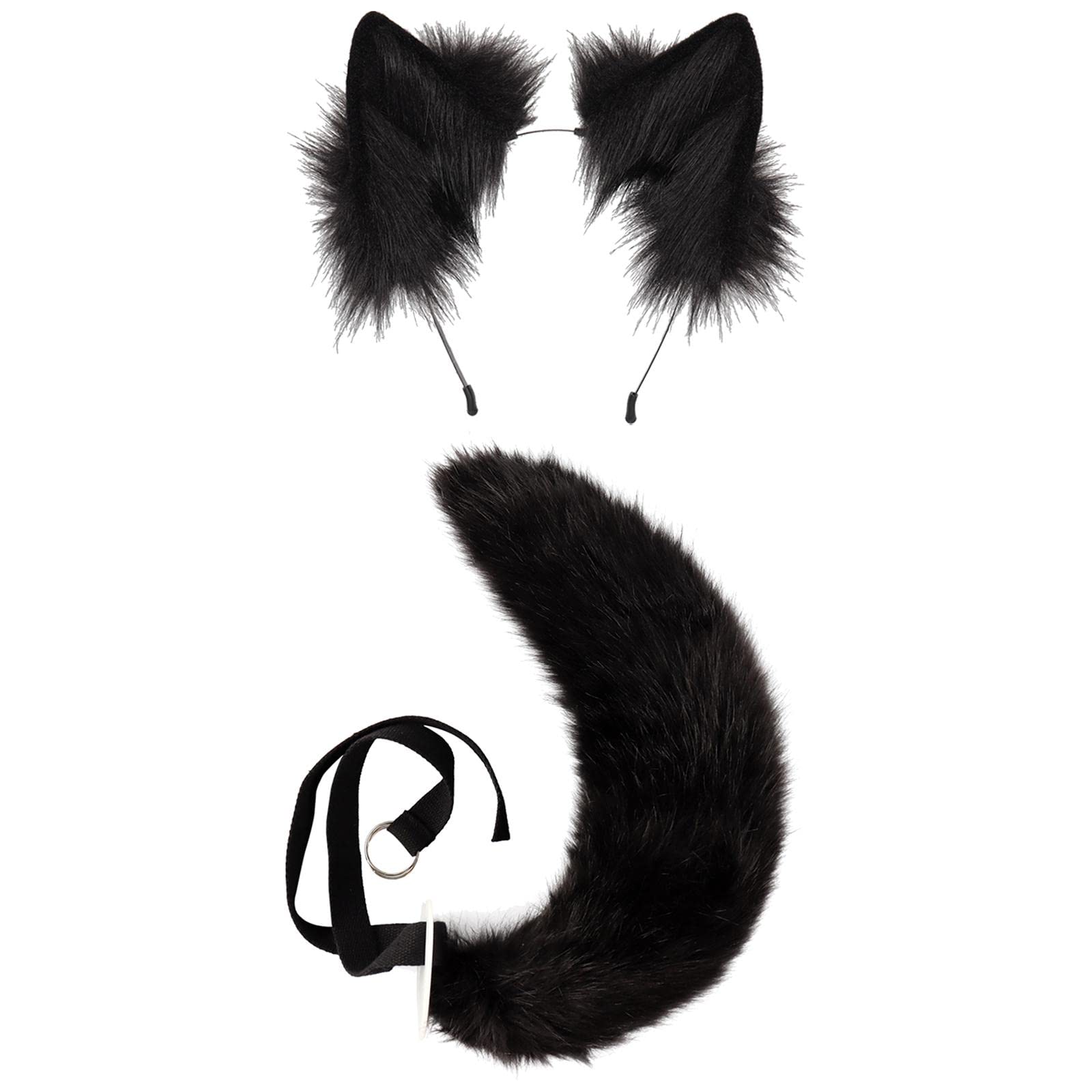 Cola de Gato de Peluche con Orejas Y Clip, Diadema de Orejas de Peluche, Conjunto de Cola para Accesorios de Disfraces de Fiesta de Halloween, Negro, Individual