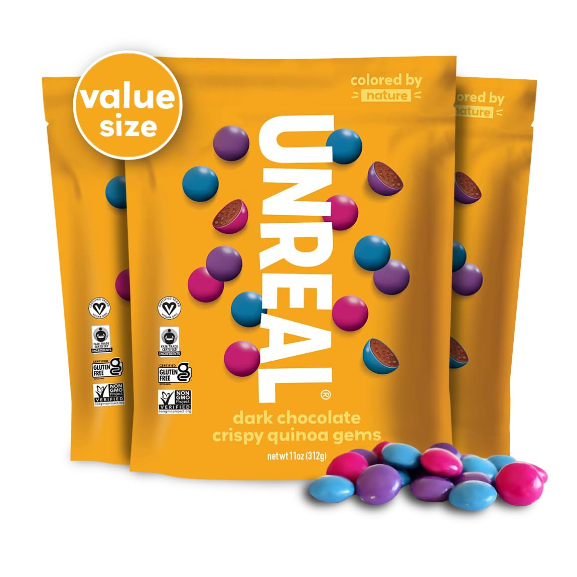 UNREAL Dark Chocolate Quinoa Gems (3 Value Size Bags) | Vegan, Colors from Nature | Fair Trade, Non-GMO | Gluten Free, No Sugar Alcohols or Soy | 11oz each