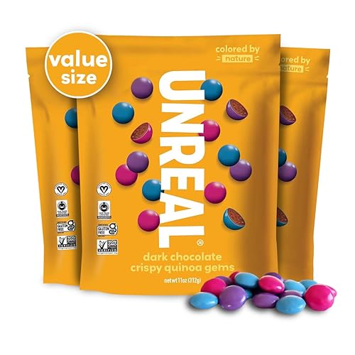 UNREAL Gemas de quinua de chocolate oscuro (3 bolsas de tamaño económico), veganas, colores de la naturaleza, comercio justo, sin OMG, sin gluten,