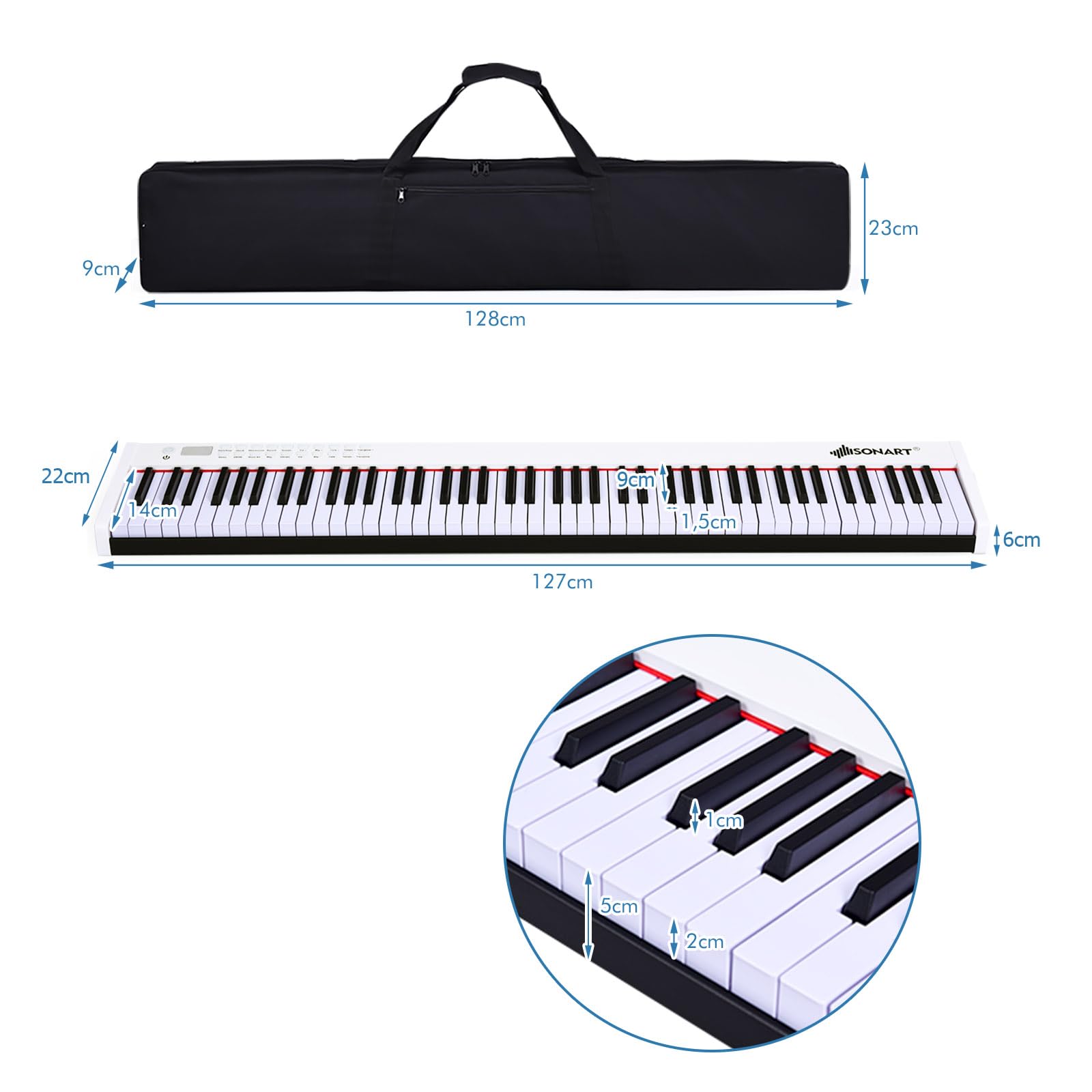 DREAMADE Keyboard Piano mit Bluetooth, E Piano 88 tasten mit 128 Rhythmen/Klänge & 20 Demo-Songs, Digital Piano mit einstellbarer Tastenstärke & Sustain Pedal & Tragetasche (Weiß)