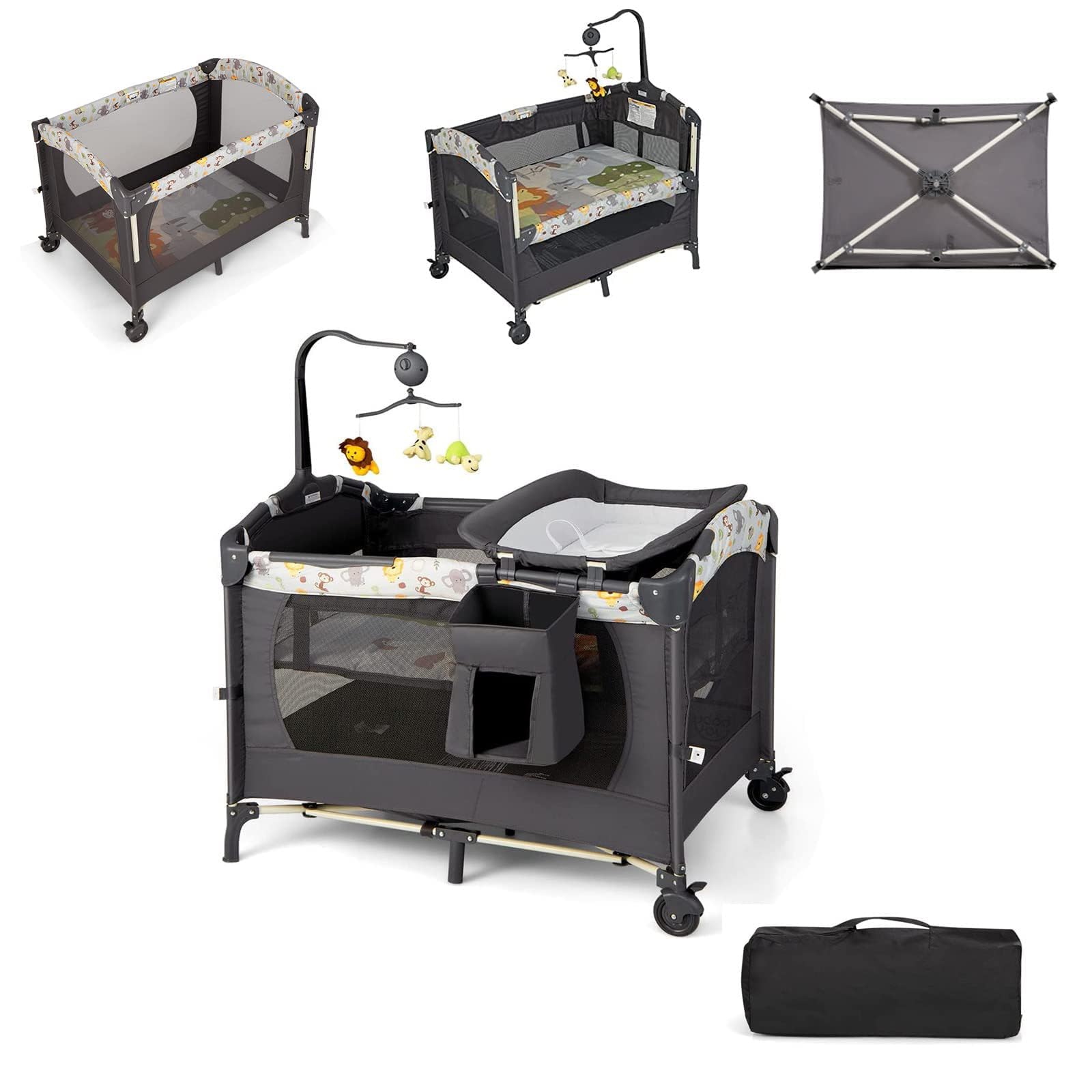 COSTWAY 6-in-1 reisbed met matras, mobiele babywieg met verstelbare luifel, opklapbed met aankleedkussen, muziekdoos en draagtas voor baby's tot 3 jaar, belastbaar tot 15 kg (groen COSTWAY 6-in-1 reisbed met matras, mobiele babywieg met verstelbare luifel, opklapbed met aankleedkussen, muziekdoos en draagtas voor baby's tot 3 jaar, belastbaar tot 15 kg (groen