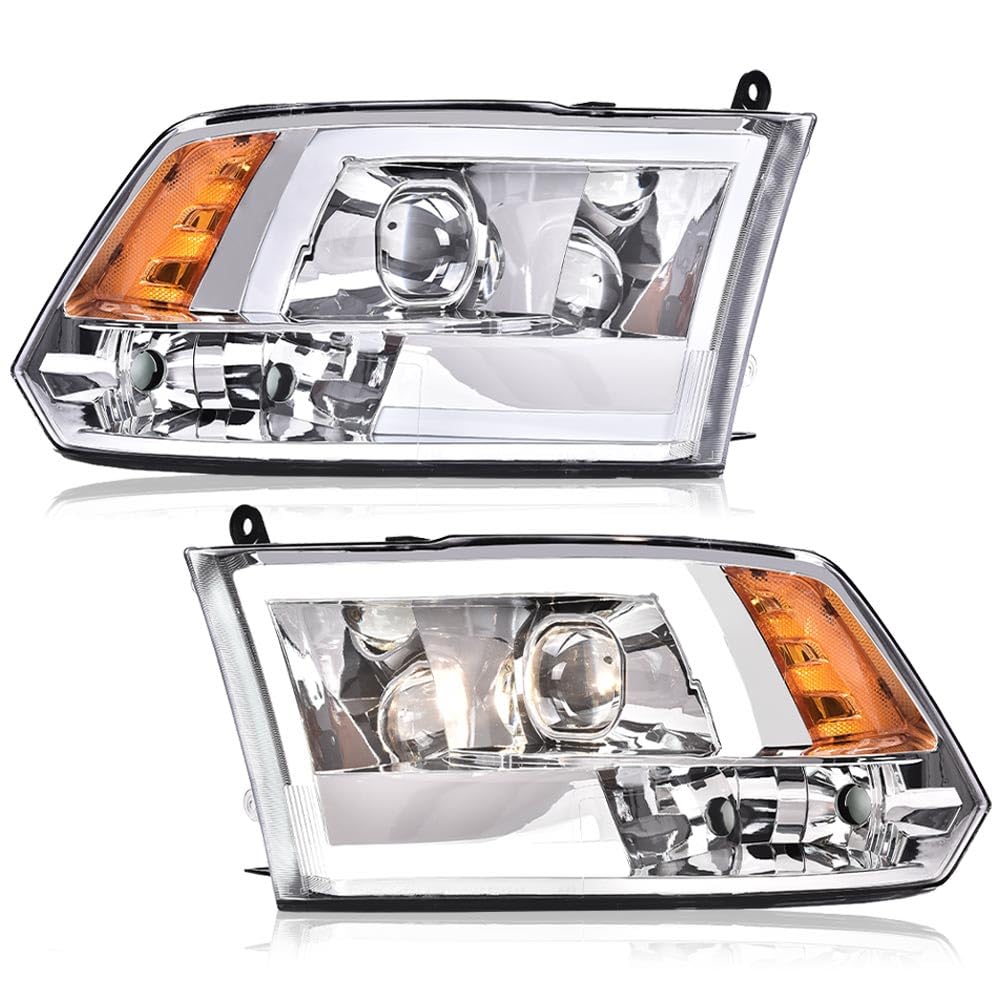 GRAND ORANGE LED DRL Headlights Assembly Compatible with Dodge Ram 1500 2500 3500 2009-2012 Left &amp; Right Head Lamps Clear Lens Chrome Housing Amber Reflector
