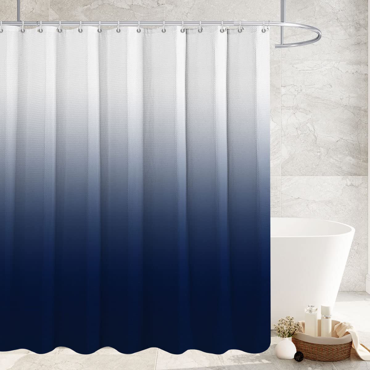 Fereyis Gradient Dot Waffle Weave Shower Curtain Polyester Waterproof Design Modern Navy Blue Ombre Fabric Bathroom Curtains with Hooks Hotel Style Decor Accessories(72x 72 Inches,Navy)