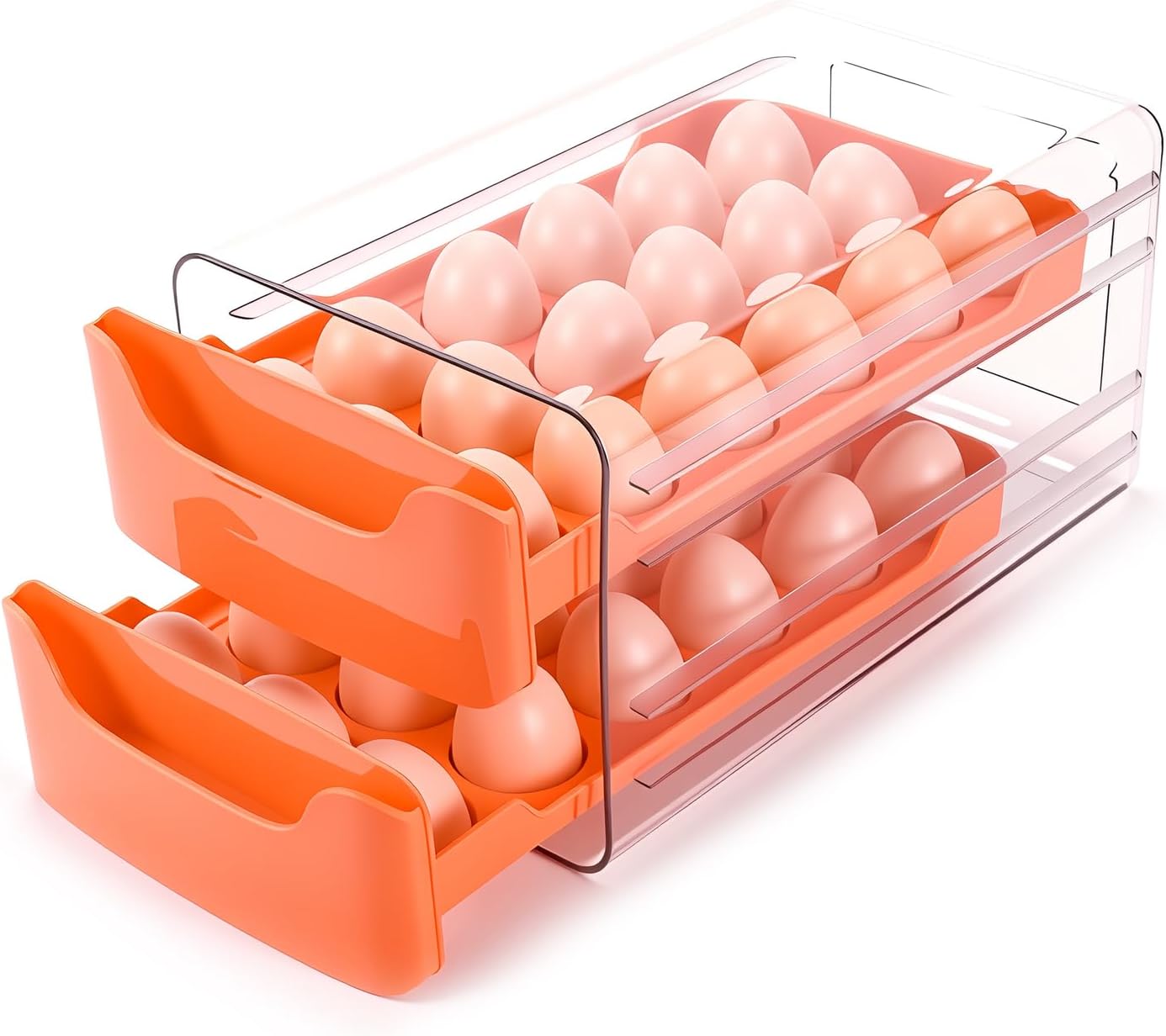 36-Egg-Holder for Fridge, Egg-Storage for Refrigerator Countertop, 2 Tier Dispenser with Drawer, Stackable Clear Egg Tray Container, Egg Organizer, Fits Large Eggs, White