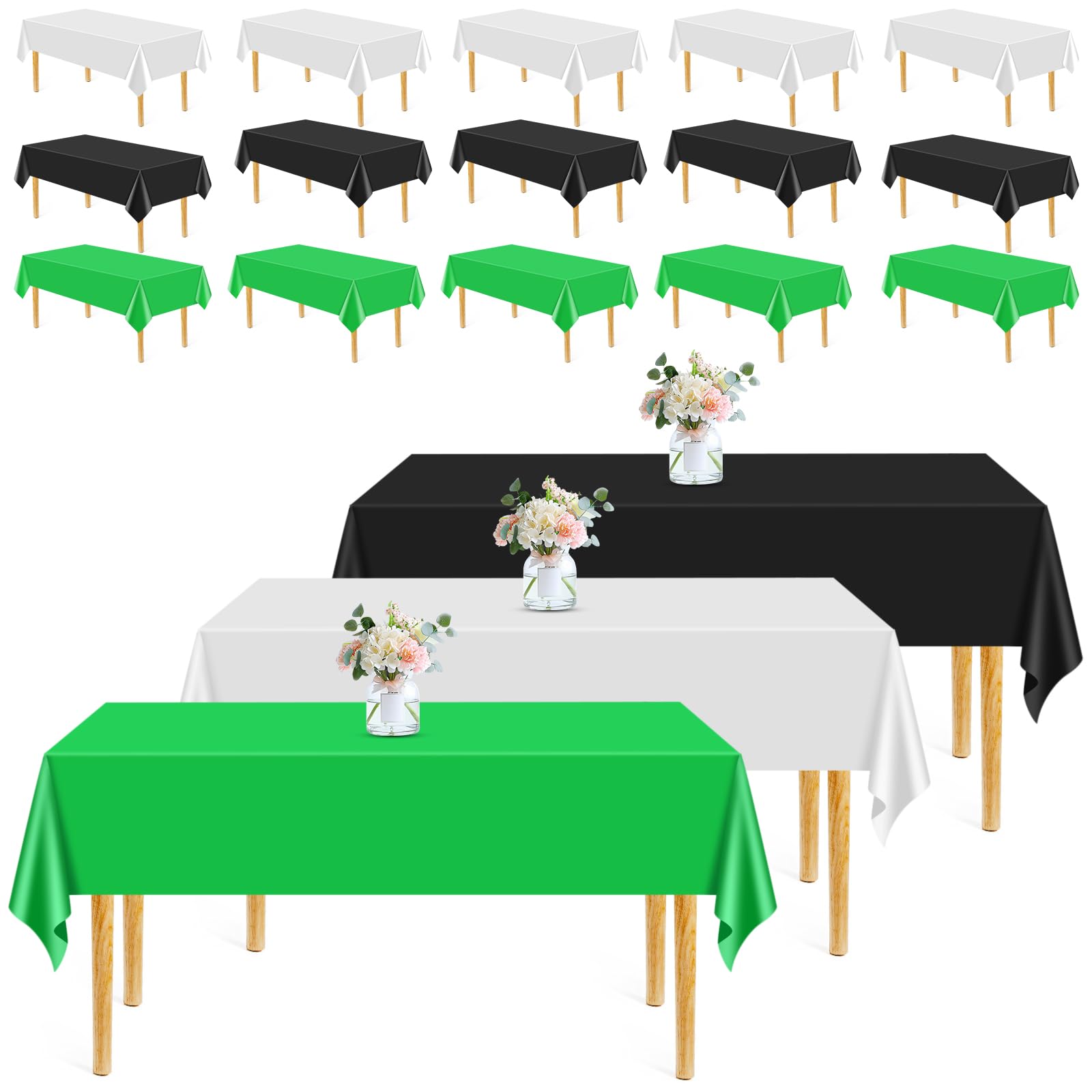 EOGRFW 15Pcs Disposable Tablecloth,Plastic Table Cloth,54 x 108 Inch Table Cover,Rectangular Tablecloths for Indoor Outdoor Picnic Birthday Baby Shower Wedding Party(Black + Green + White)