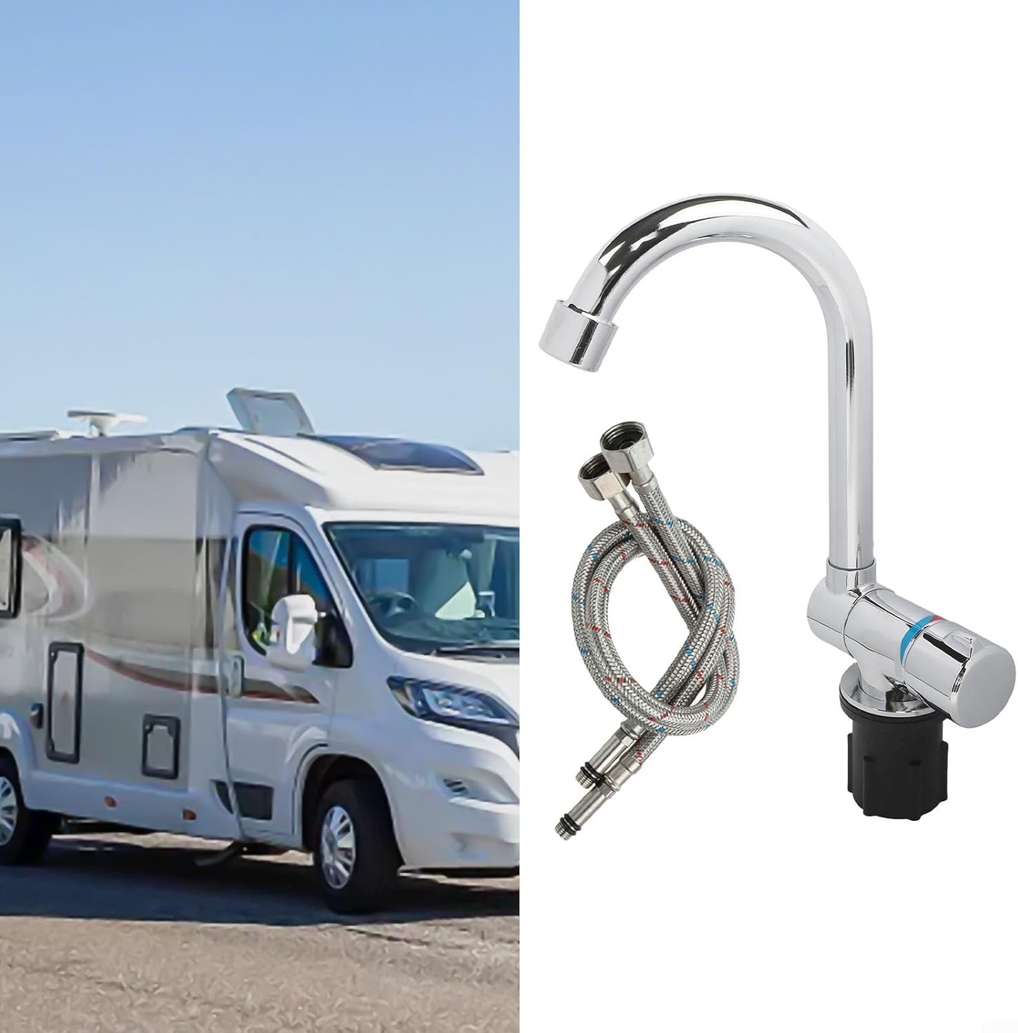 Fold Down RV Faucet, Camper Kitchen Sink Tap, All Copper Chrome Plated, 360 Degree Rotation, Hot and Cold Mixer for Motorhome, Yacht, Bar Counter, Spac