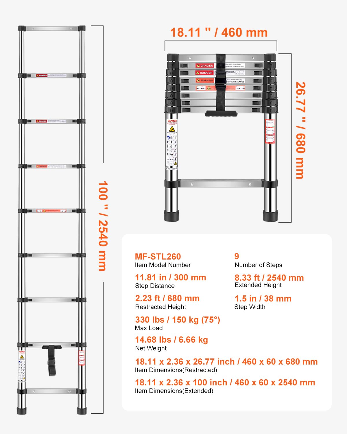VEVOR Teleskopleiter, 254 cm Lange, Ausziehleiter aus Edelstahl, Klappleiter mit Tragkraft von 150 kg (75°) & rutschfeste Füße, tragbare 9-Stufen-Leiter für Zuhause, Wohnmobil, Dachboden