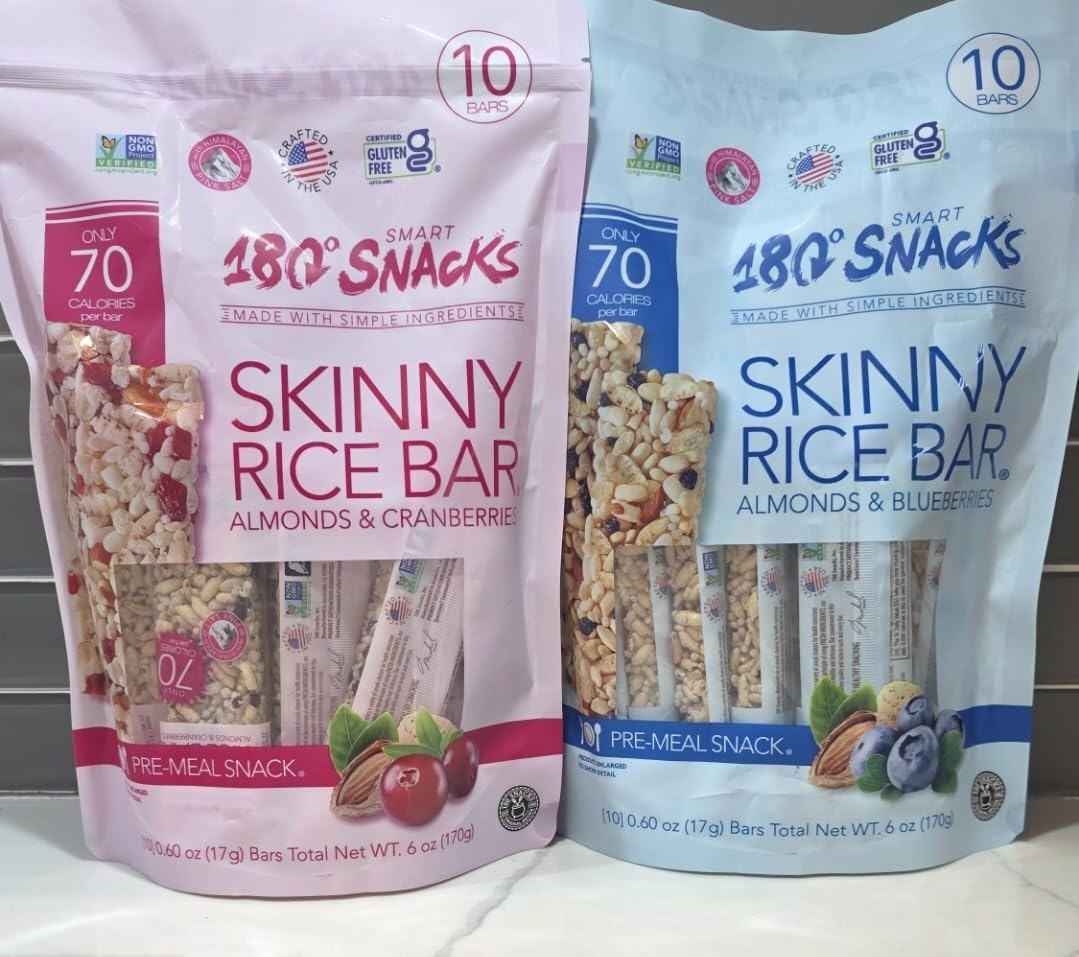 180° Snacks Skinny Rice Bar, Almonds & Cranberries and Almonds & Blueberries, 70 Calories, Gluten Free, 10 Bars per Bag, 2 Pack