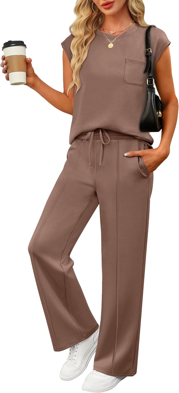 ANRABESS Two Piece Sets for Women 2026 Summer Travel Vacation Outfits Sleeveless Lounge Set Matching Wide Leg Pants Sweatsuit