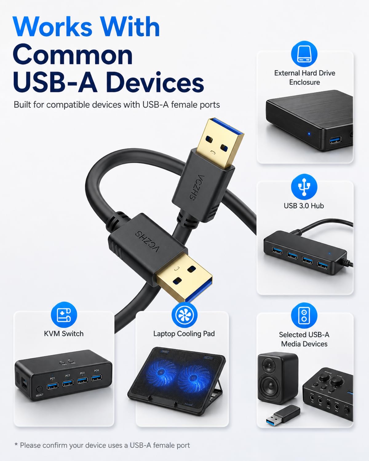 VCZHS Tech USB to USB Cable 3.3FT, USB3.0 Type A to Type A Male to Male Cord 5Gbps Data Transfer for Laptop Cooling Pad, Hard Drive Enclosure, Hub, KVM Switch, Not for PC to PC or Video
