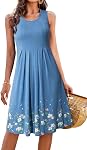 KILIG Women Summer Casual Floral Pleated Midi Sleeveless Knee Length Tank Beach Sun Dresses