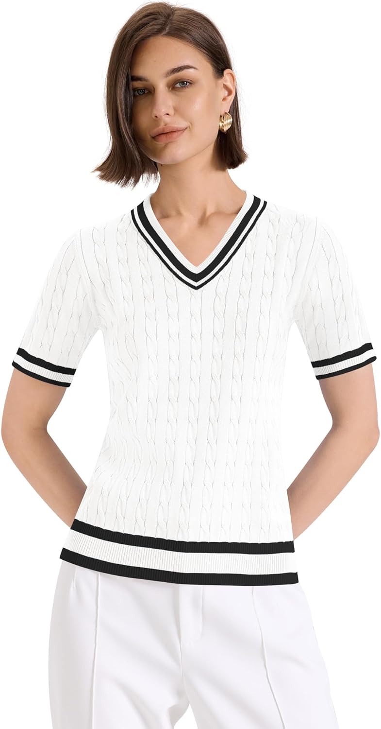 Kistore Womens Summer Short Sleeve Sweaters Tops V Neck Cable Knit Lightweight Sweater Shirts Blouses 2025 - Image 3