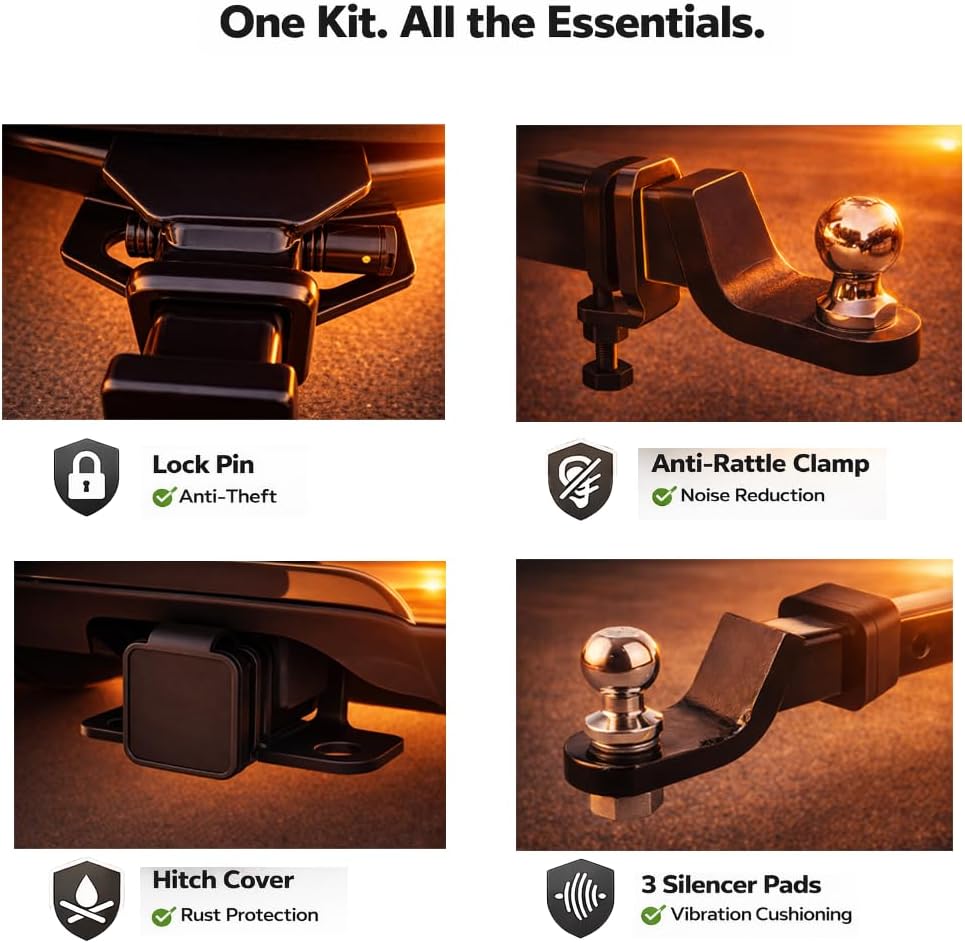 Universal 2 Inch Trailer Hitch Accessory Kit – Hitch Lock Pin, Anti-Rattle Clamp, Rubber Hitch Cover and Silencer Pads, Reduce Noise, Secure Towing, Fits Trucks, SUVs, RVs and Trailers