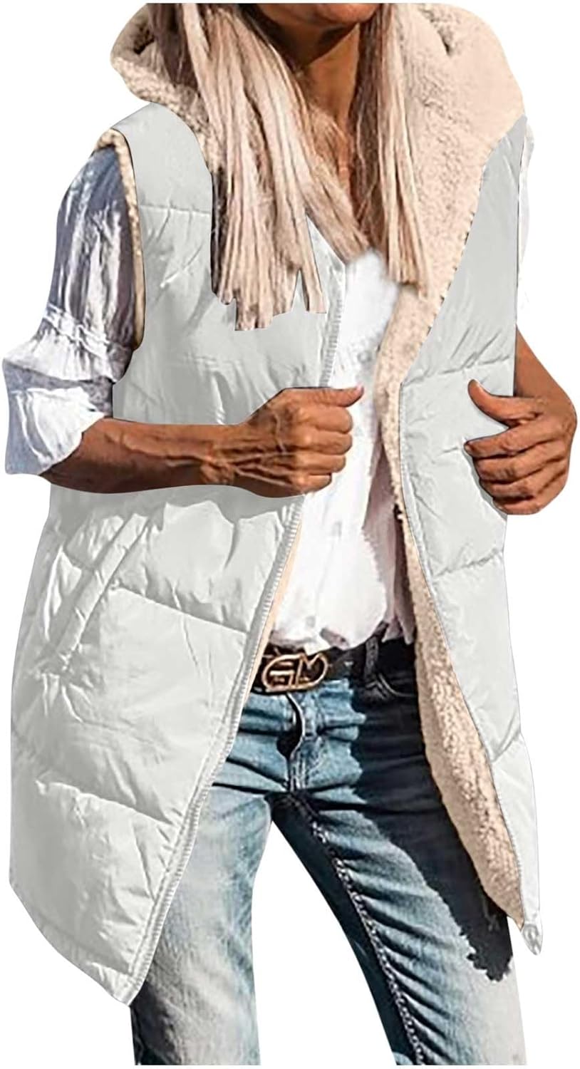 Womens Long Reversible Puffer Vests Sherpa Fleece Jacket Sleeveless Zip Up Hoodie Pockets Winter Warm Coat Outerwear