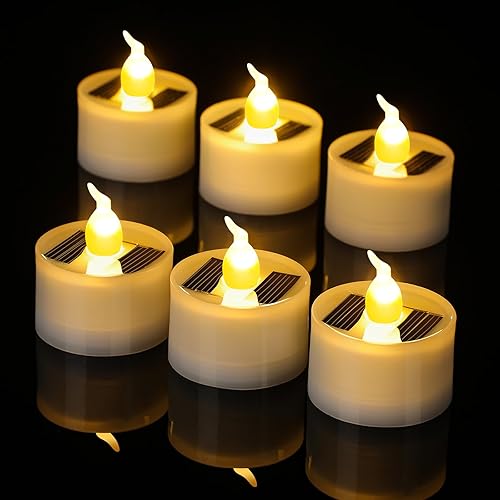 Hortsun 6 velas solares de té de Halloween para exteriores, impermeables, sin llama, velas solares recargables con sensor de luz parpadeante para