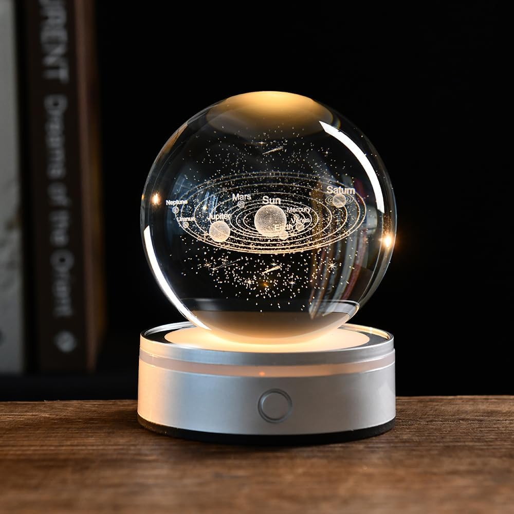 3D Solar System Crystal Ball Universe Glass Ball Space Astronomy Gift Planets Model Science Astrophysics Gifts Solar System Night Light Glass Globe Decor with 12 Colorful Modes Light Base - Image 3