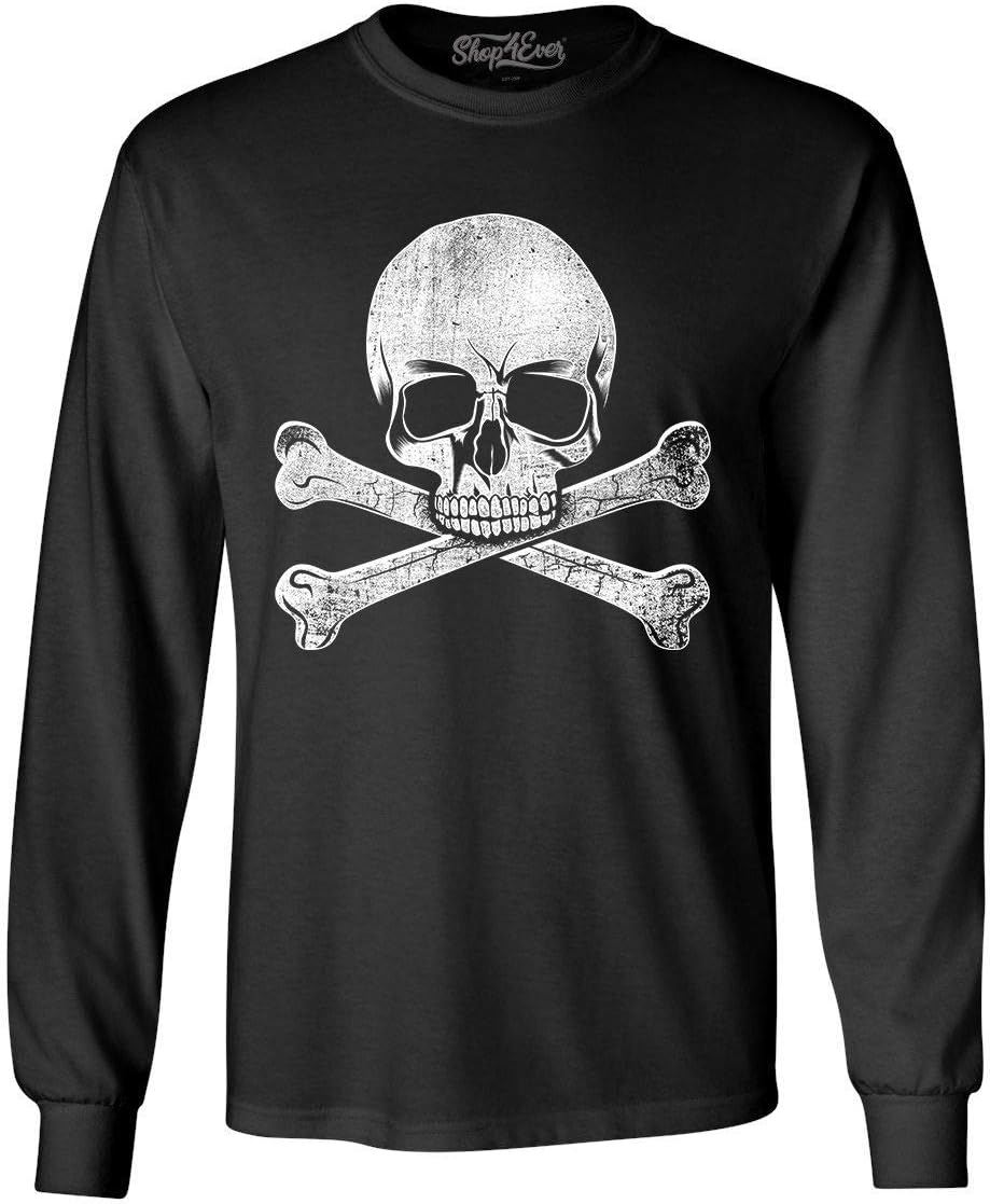 shop4ever Distressed White Skull and Crossbones Long Sleeve Shirt